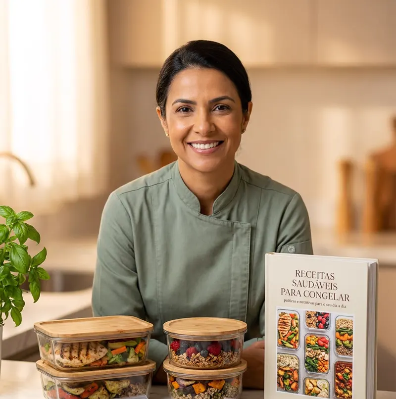 Ebook Receitas para Congelar ao lado de marmitas em potes de vidro
